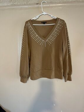 INC International Concepts Tan V-Neck Sweater with Silver Stud Detailing